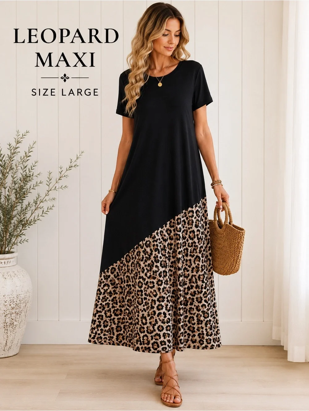 NEW Leopard Color Block Maxi Dress Size Large Casual Chic Flowy - Picture 1 of 11